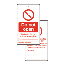 LOCKOUT TAGS - DO NOT OPEN DOUBLE SIDED PACK OF 10 LOCKOUT TAGS - DO NOT OPEN DOUBLE SIDED PACK OF 10